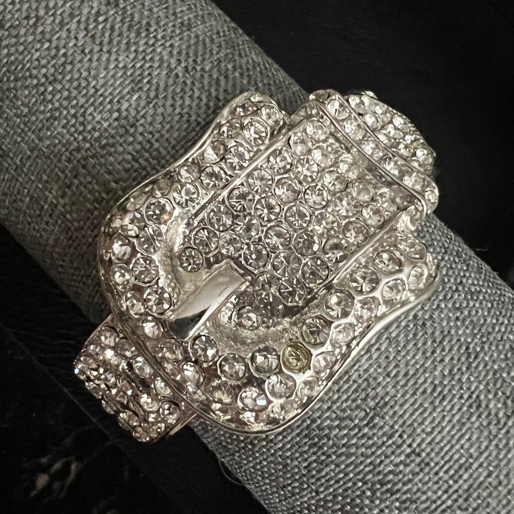 Vintage Silver Rhinestone Western Buckle Hinged Bangle Bracelet Size 7 Y2K Glam